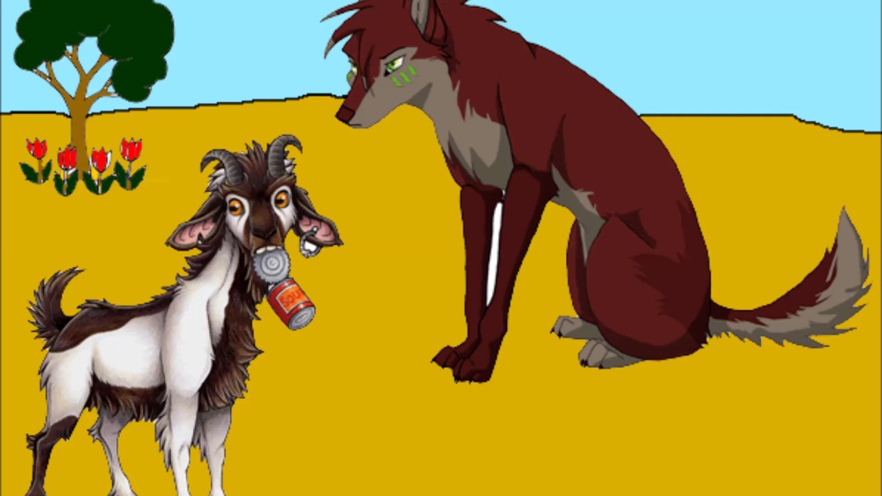 Lobo olhando para a cabra que esta com a lata na boca.